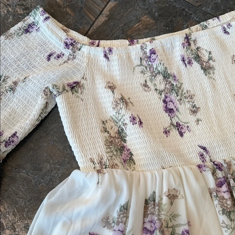 Torrid ivory and purple floral smocked chiffon off-the-shoulder dress - Picture 6 of 15